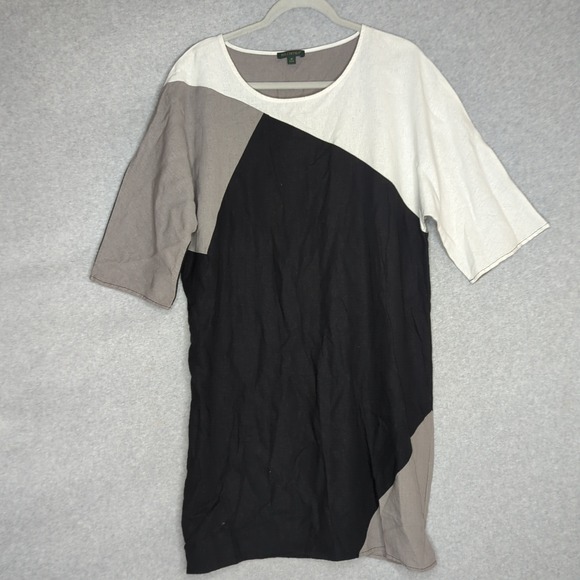 For Cynthia Color Block Linen Blend Dress Short Sleeve Casual Women's Lagenlook - Picture 1 of 6